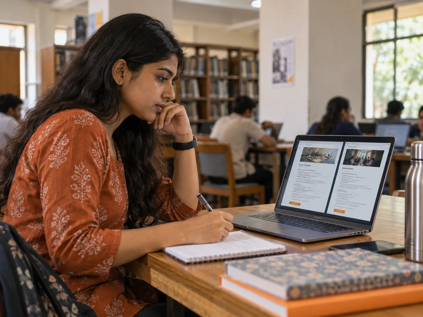Indian graduate comparing first job descriptions in a college library