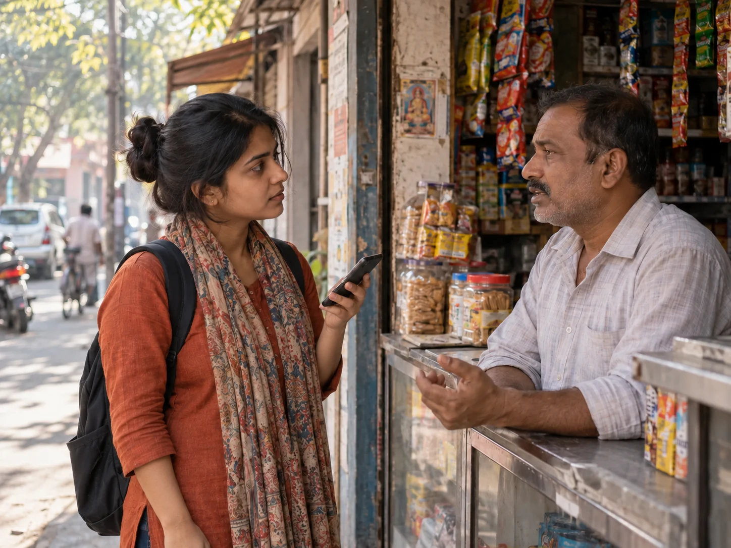 Illustrative scene of a reporter discussing a local story with a shopkeeper